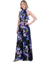 Eliza J Floral Chiffon Ruffled Halter Maxi Dress