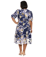 London Times Plus Printed Puff-Sleeve Midi Dress