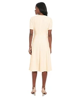 London Times Petite Crewneck Button-Tab Short-Sleeve Midi Dress