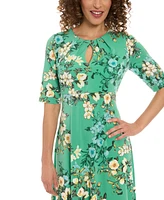 London Times Petite Printed Keyhole Elbow-Sleeve Midi Dress