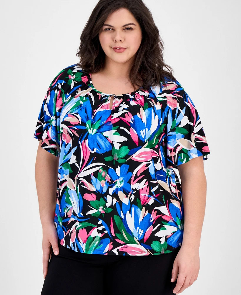 Ak Anne Klein Plus Floral-Print Short-Sleeve Top
