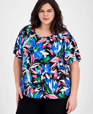 Ak Anne Klein Plus Floral-Print Short-Sleeve Top