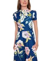 London Times Petite Printed Tie-Neck Puff-Sleeve Midi Dress