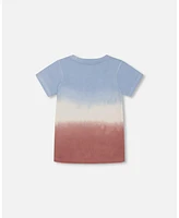 Deux par Big Boys Short Sleeve Cotton Graphic Tee Gradient Pale Blue And Dark Old Rose