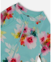 Deux par Baby Girls Printed One-Piece Rashguard With Frills Turquoise And Pink Flowers