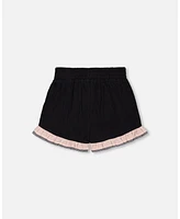 Deux par Big Girls Crinkle Short With Frills Black And Butterflies