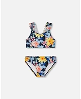 Deux par Girl Printed Two-Piece Swimsuit Navy And Yellow Pink Flowers - Toddler|Child