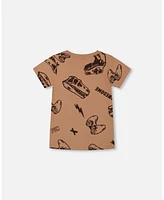 Deux par Toddler Boys Printed Cotton Tee Beige And Black Dinos - Toddler|Child