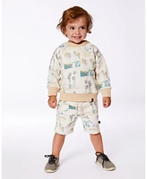 Deux par Baby Boys Printed French Terry Short Beige Palm Tree And Teal