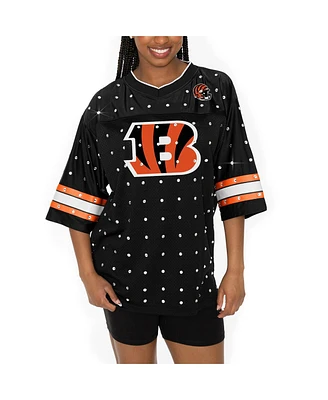 Gameday Couture Women's Black Cincinnati Bengals Kickoff Time Allover Rhinestone Sports Stripe Jersey V-Neck T-Shirt