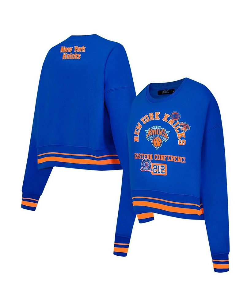 Pro Standard Women's Blue New York Knicks Area Code Cropped Pullover Sweatshirt