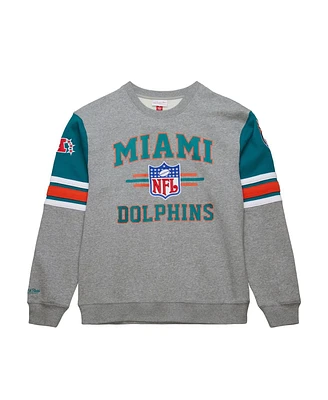 Mitchell & Ness Men's Heather Gray Miami Dolphins All Over 4.0 Vintage Logo Pullover Sweatshirt