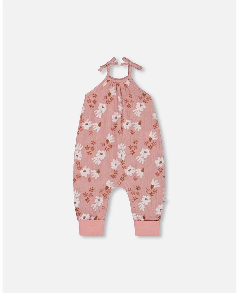 Deux par Baby Girls Printed Muslin Tie Strap Jumpsuit Pink And White Flowers