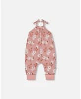 Deux par Baby Girls Printed Muslin Tie Strap Jumpsuit Pink And White Flowers