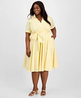 Tahari Plus Collared V-Neck Short-Sleeve Dress