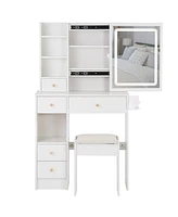 50.40"Small Size Left Drawer Desktop Vanity Table + Cushioned Stool, 2 Ac+2 Usb Power Station, Hair dryer bracket,White