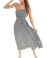 Women's Black Gingham Sleeveless Midi Beach Dress