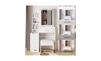 Small Size Left Bedside Cabinet Vanity Table + Cushioned Stool – Stylish and Functional Makeup Station with Led Mirror