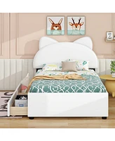 Upholstered Platform Bed with Cartoon Ears Shaped Headboard and 2 Drawers