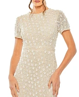 Mac Duggal Women's High Neck Short Sleeve Embellished Dress