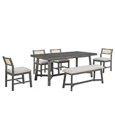 6-piece Retro Farmhouse Style Dining Set, Rectangular Table and 4 Upholstered Chairs with Rattan Bench for Room Kitchen