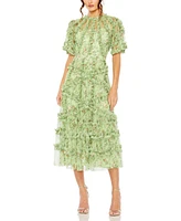 Mac Duggal Women's Floral Flutter Sleeve Mesh Print Dress