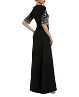 Mac Duggal Women's Crepe A Line Gown With Beaded 3/4 Sleeves