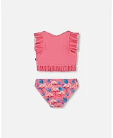 Deux par Girls Printed Two-Piece Swimsuit With Frills Candy Pink And Flamingo