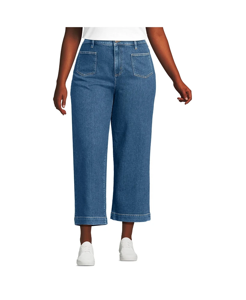 Lands' End Women's Soft Denim High Rise Wide Leg Patch Pocket Crop Jeans