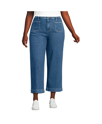 Lands' End Women's Soft Denim High Rise Wide Leg Patch Pocket Crop Jeans