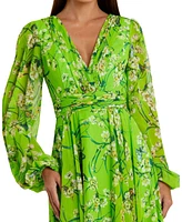 Mac Duggal Women's Puff Sleeve Floral Chiffon Gown