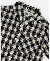 Deux par Toddler Boys Short Sleeve Button Down Shirt Black And Beige Plaid - Toddler|Child