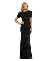 Women's Gathered Short Sleeve Beaded Gown