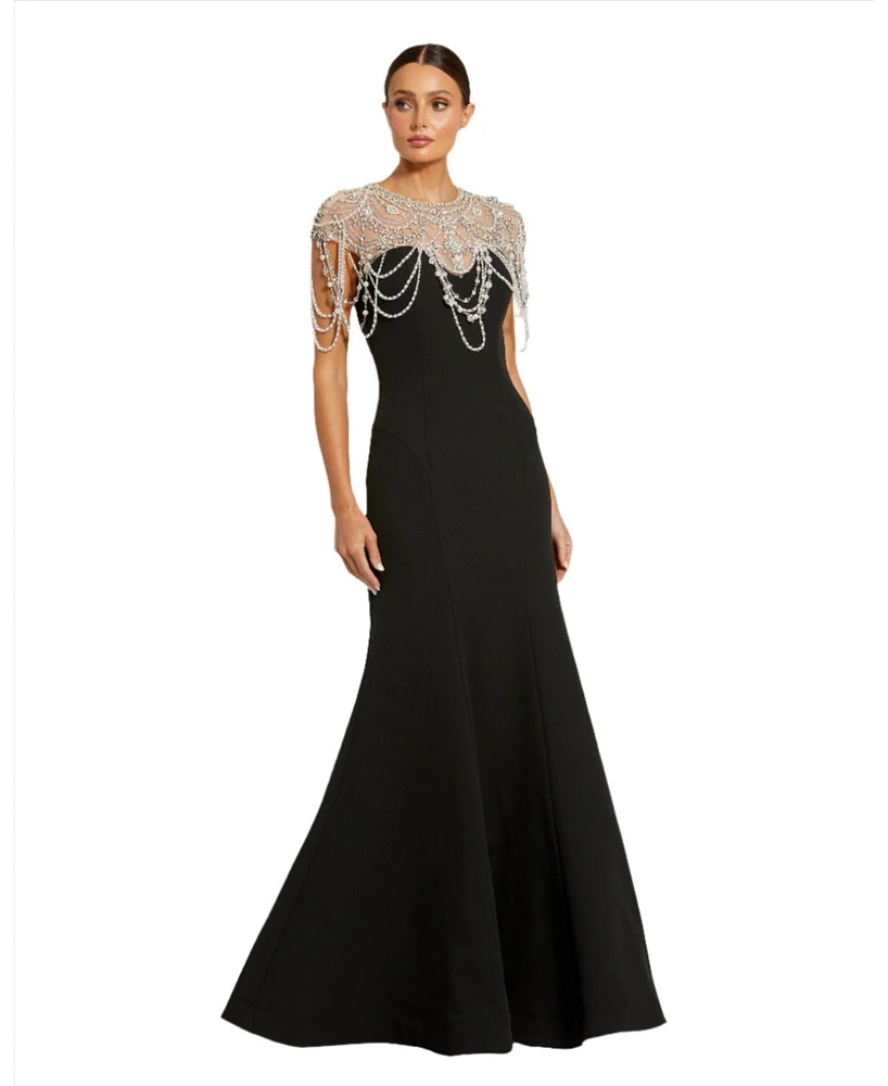 Mac Duggal Women's Draped Pearl Beaded Mermaid Gown