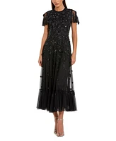 Mac Duggal Women's Embellished High Neck Cap Sleeve A Line Dress