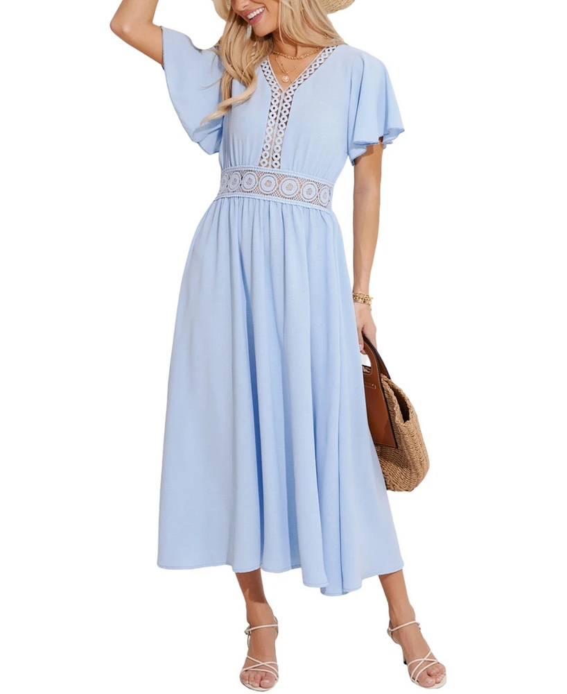 Women's V-Neck Flutter Sleeve Midi Beach Dress