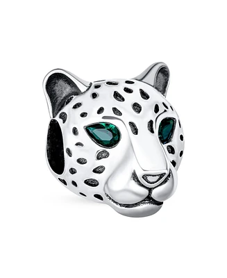 Bling Jewelry Jaguar Panther Charm Bead with Green Cz Eyes in Oxidized Sterling Silver for Bracelets