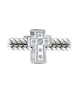 Bling Jewelry Simple Sparkling Cz Cross Charm Bead for Communion Weddings Sterling Silver Bracelet