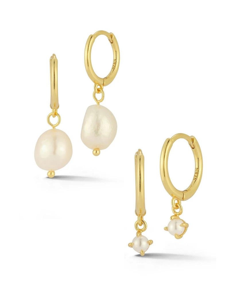 Rachel Zoe 14K Gold Plated Sterling Silver Pearl Huggie Hoop Earring 2 Pair Set