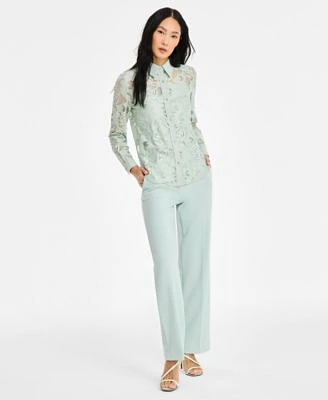 Anne Klein Womens Collared Lace Button Front Shirt Liberty Stretch High Rise Wide Leg Pull On Pants