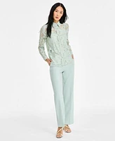 Anne Klein Womens Collared Lace Button Front Shirt Liberty Stretch High Rise Wide Leg Pull On Pants