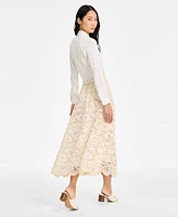 Anne Klein Womens Collared Button Front Shirt Pull On Lace Midi Skirt