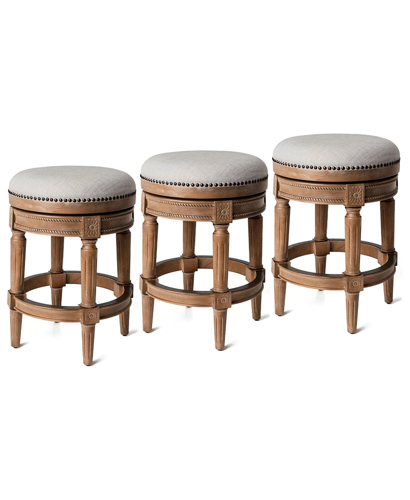 Maven Lane Pullman Backless Counter Stool in Weathered Oak Finish w/ Sand Color Fabric Upholstery, Set of 3