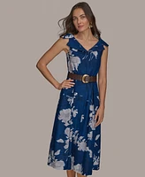 Donna Karan New York Women's Linen-Blend Floral-Print A-Line Dress