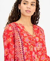 Liverpool Los Angeles Petite Mixed-Print Button-Front Blouse