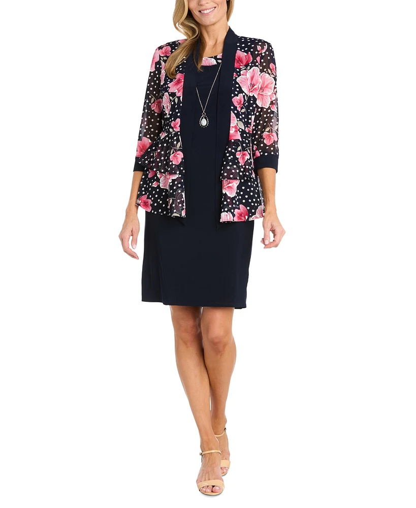 R & M Richards Petite Printed Jacket Necklace Dress Set