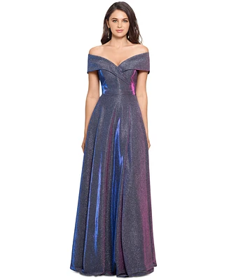 Xscape Women's Off-The-Shoulder Shimmer Wrap Style Gown