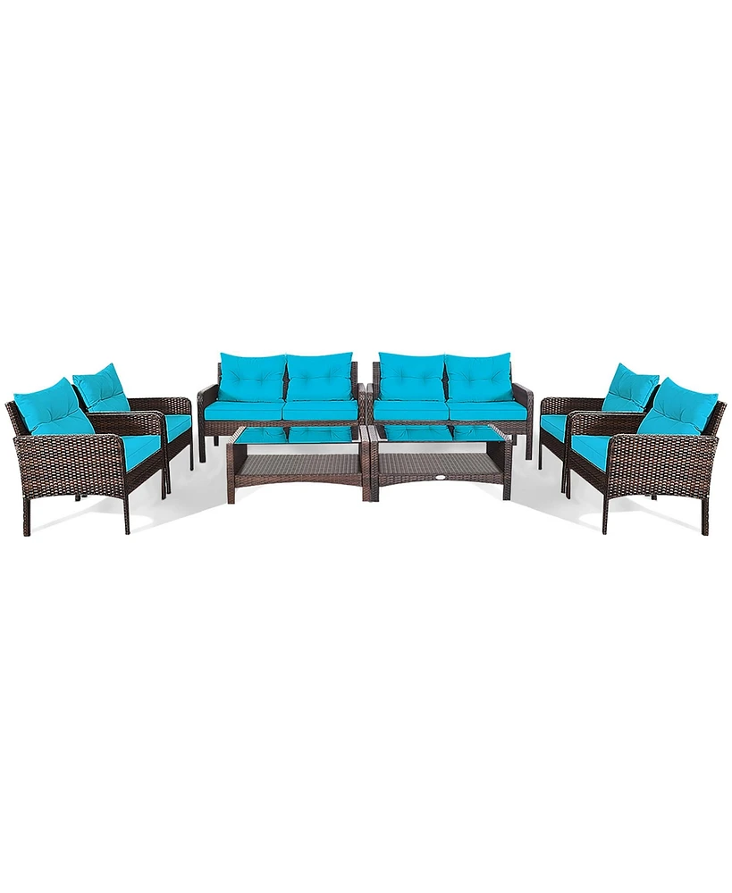 8PCS Patio Rattan Sectional Furniture Set Loveseat Sofa Coffee Table