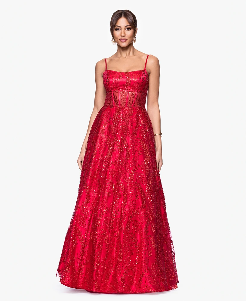 Blondie Nites Juniors' Sequinned Glitter Corset Ball Gown