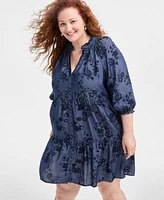 Style & Co Plus Printed Chambray Babydoll Dress, Exclusively at Macy's